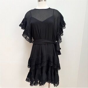 Zimmermann Espionage Mini Dress Ruffle Tiered Swiss Dot Rare Black Size 2 US 6 8